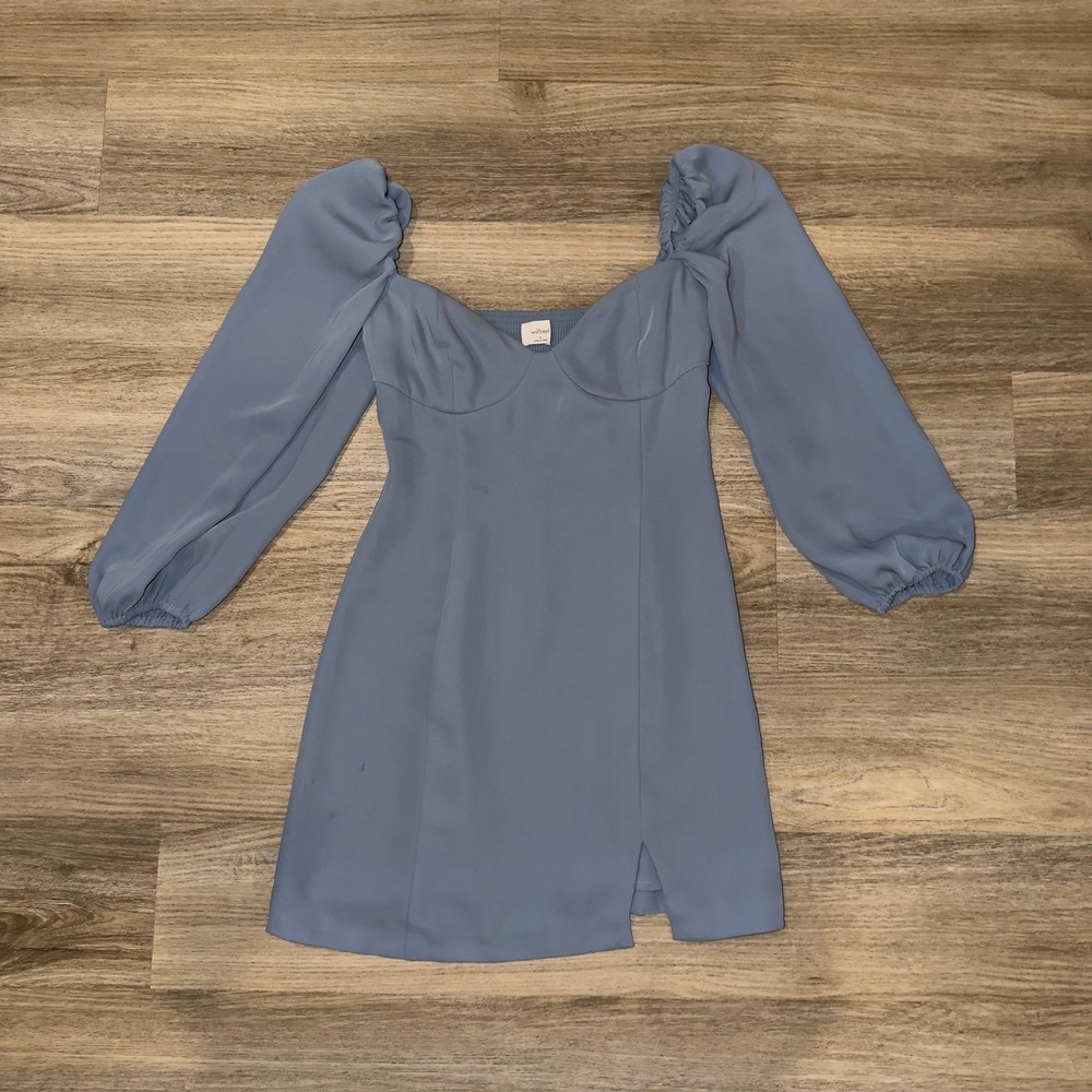 Aritzia Wilfred Novella Mini Dress Dusty Blue Long Sleeve Sweetheart Slit 4